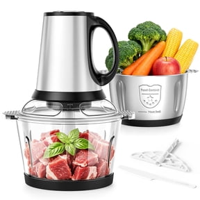 TINANA Food Chopper with 2 Bowls, Electric Food Processor with 4-Blade System, Stainless Steel and Glass Bowls, Meat Grinder, Vegetable Chopper