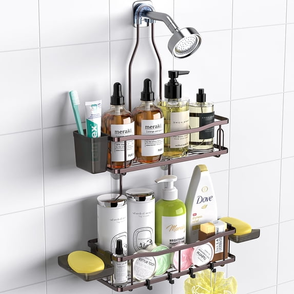 TINANA Hanging Shower Caddy, Rustproof Shower Shelf Racks Over Shower Head - No Drilling Bathroom Organizer for Shampoo with Soap Holder-Bronze