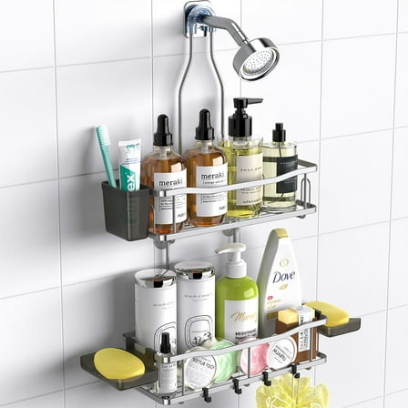 TINANA Hanging Shower Caddy, Rustproof Shower Shelf Racks Over Shower Head - No Drilling Bathroom Organizer for Shampoo with Soap Holder-Silver