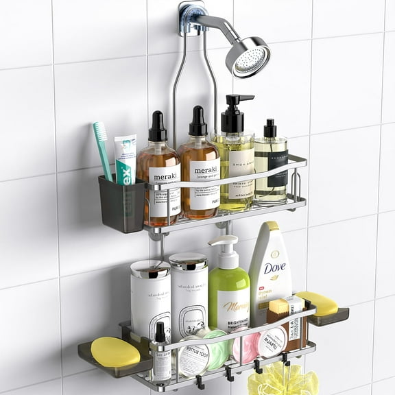 TINANA Hanging Shower Caddy, Rustproof Shower Shelf Racks Over Shower Head - No Drilling Bathroom Organizer for Shampoo with Soap Holder-Silver
