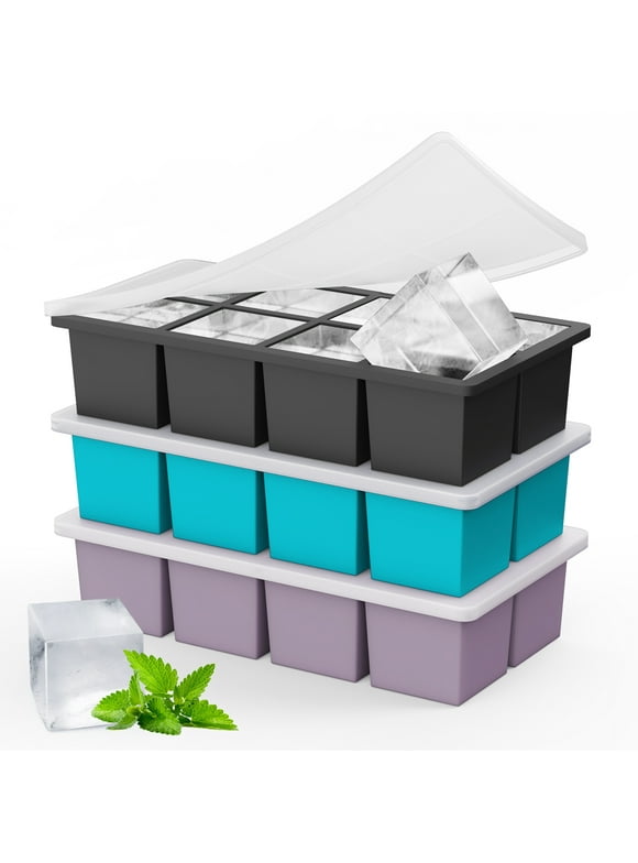 TINANA Ice Cube Tray with Lid: 3 Pack Large Silicone Ice Tray Molds for Freezer, BPA Free, Big Square Ice Cube for Whiskey, Cocktails, Baby Food, Juices-Gray&Blue&Purple