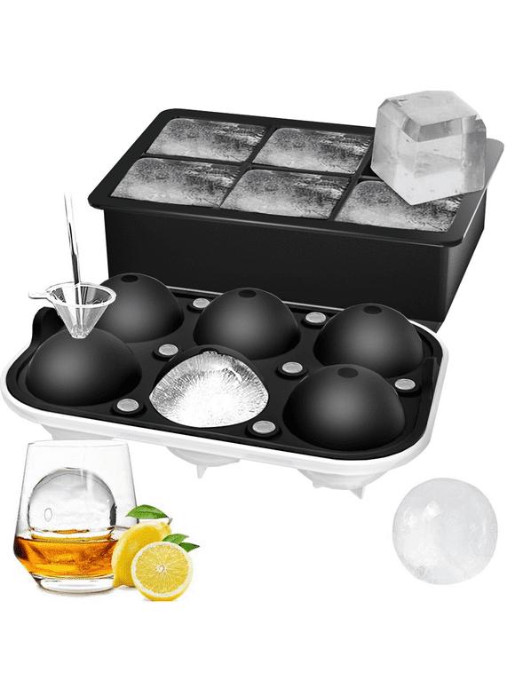 TINANA Ice Cube Trays Set of 2, Sphere Ice Ball Mold with Lid & Large Square Ice Cube Maker for Freezer and Homemade-Black