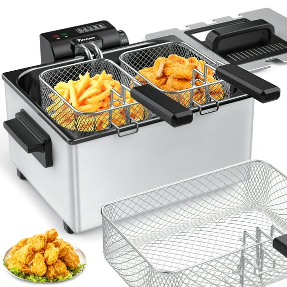 TINANA 5.3Qt Electric Deep Fryer, 3 Baskets Stainless Steel Oil Fryer, Adjustable Temperature Control, Non-Stick Removable Enamel Pot, Easy to Clean, Safe, for Family, Party, and Home Kitchen, 1800W