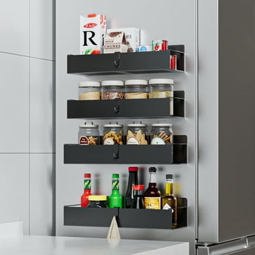 TINANA Magnetic Spice Rack Organizer, 4 Pack Moveable Fridge Spice Shelves for Refrigerator and Oven, Metal Refrigerator Shelf-Black
