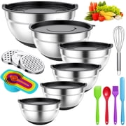 TINANA 26PCS Stainless Steel Mixing Bowls with Lids Set, Nesting Mixing Bowl Set with Non-Slip Bottom Graters Tools Gadgets, 7/4/3.5/2.5/2/1.5QT Metal Salad Bowls for Serving Prepping Baking, Black