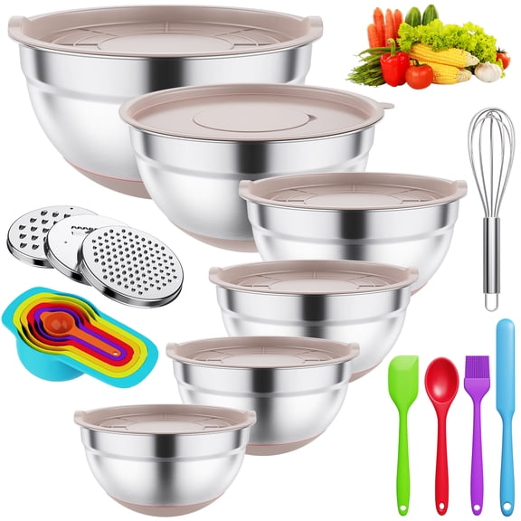 TINANA 26PCS Stainless Steel Mixing Bowls with Lids Set, Nesting Mixing Bowl Set with Non-Slip Bottom Graters Tools Gadgets, 7/4/3.5/2.5/2/1.5QT Metal Salad Bowls for Serving Prepping Baking, Khaki