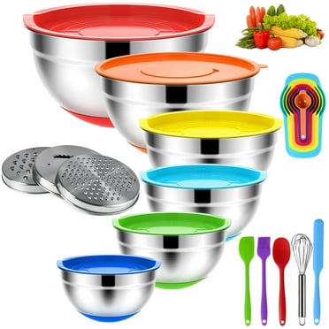 TINANA 26PCS Stainless Steel Mixing Bowls with Lids Set, Nesting Mixing Bowl Set with Non-Slip Bottom Tools Gadgets, 7/4/3.5/2.5/2/1.5QT Metal Salad Bowls for Serving Prepping Baking, Multicolor