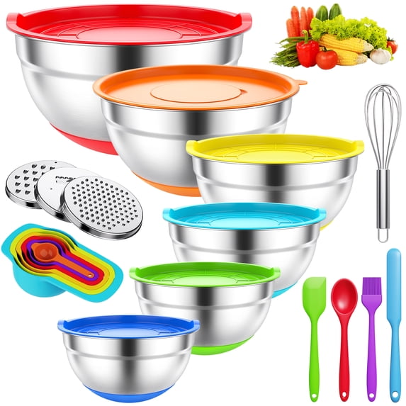 TINANA 26 Pcs Stainless Steel Mixing Bowls with Lids, 6-Bowl Nesting Set, 1.5-7 Qt, Non-Slip Bases, Graters and Baking Utensils, Color