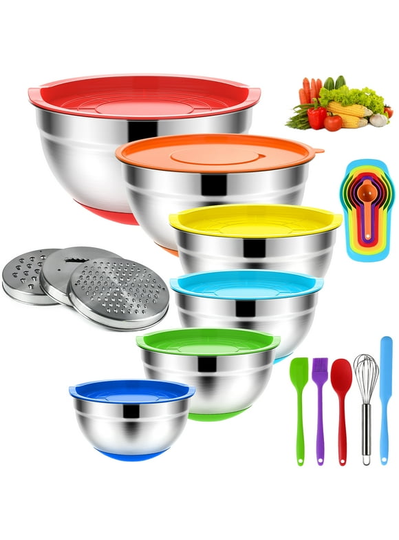 TINANA Mixing Bowls with Lids: 20 Pcs Stainless Steel Mixing Bowls Set with Rubber Bottom, 7, 4, 3.5, 2.5, 2, 1.5QT Metal Mixing Bowls for Kitchen, Multi-Color