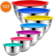 TINANA Mixing Bowls with Lids 7 Pack Stainless Steel Mixing Bowls Set, Metal Nesting Mixing Bowls for Kitchen, 7/4.5/3.0/2.0/1.5/1.0/0.7QT, Great for Prep, Baking, Serving, Multicolor