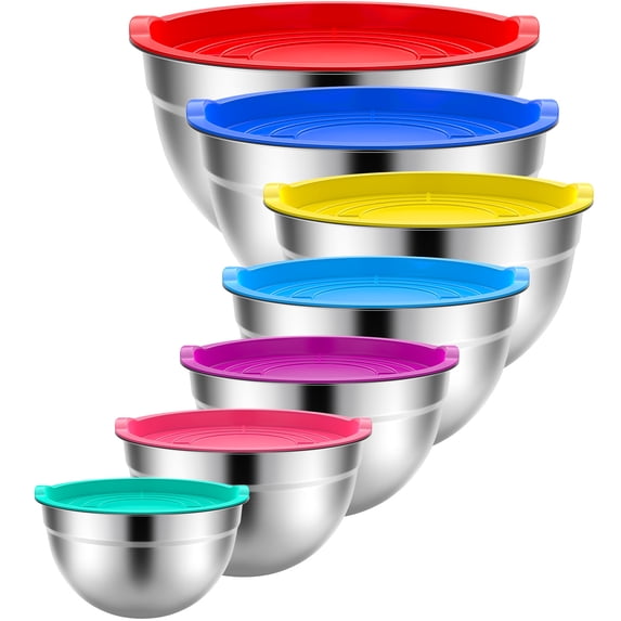 TINANA 7 Pack Stainless Steel Mixing Bowls with Lids, Nesting Kitchen Prep and Food Storage Bowls Set, Up to 7 Qt, Dishwasher Safe, Color