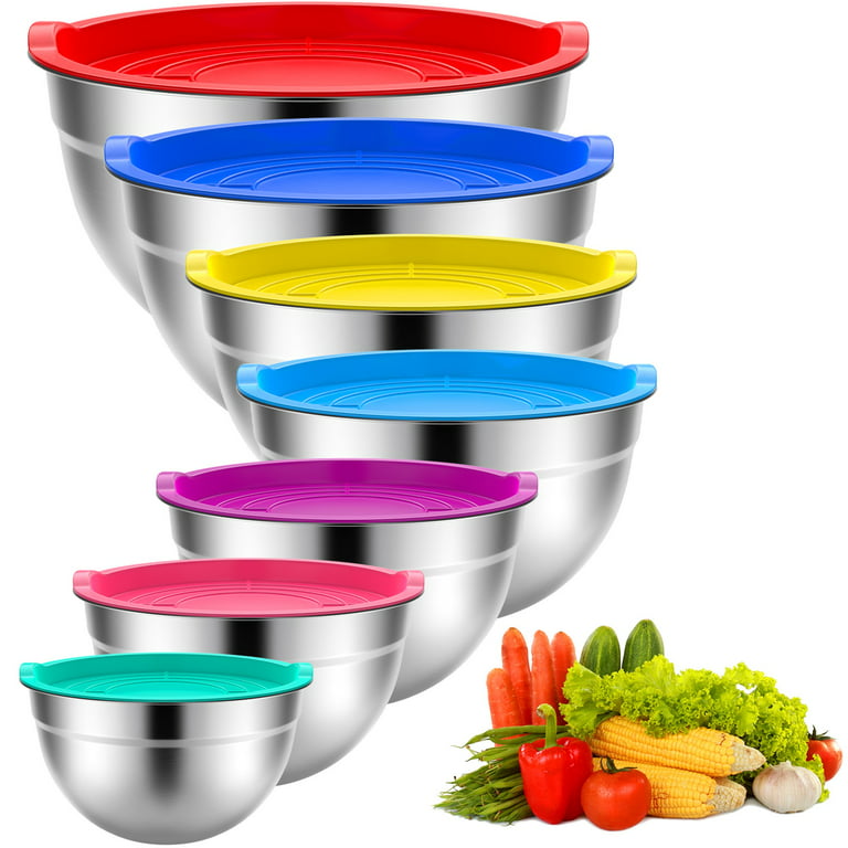 Stainless Steel Nesting Mixing Bowls Set of 7 With Multicolored Lids