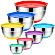 TINANA Mixing Bowls with Lids: Stainless Steel Mixing Bowls Set-Set of 7 Nonslip Metal Bowls with Rubber Bottom for Kitchen,Sizes 7, 4.5 3.0,2.3, 1.6,1.0, 0.7 QT-Multi Color
