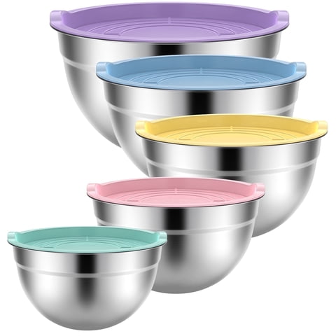 TINANA Stainless Steel Mixing Bowls with Lids, 5 Pack Nesting Kitchen Bowls, Multi Color Lids, Metal Food Storage Bowls, 0.75-4.5 Qt