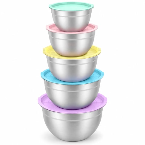 TINANA Stainless Steel Mixing Bowls with Lids, 5 Pack Nesting Kitchen Bowls, Multi Color Lids, Metal Food Storage Bowls, 0.75-4.5 Qt