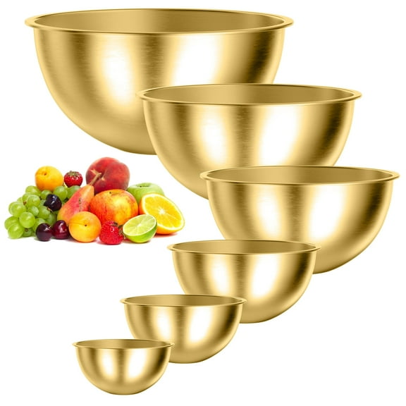 TINANA Mixing Bowls Set, 6 PCS Stainless Steel Mixing Bowls, Metal Nesting Storage Bowls for Kitchen, Size 8, 5, 4, 3, 1.5, 0.75 QT, Great for Prep, Baking, Serving-Gold