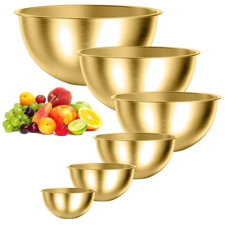 TINANA Mixing Bowls Set, 6 PCS Stainless Steel Mixing Bowls, Metal Nesting Storage Bowls for Kitchen, Size 8, 5, 4, 3, 1.5, 0.75 QT, Great for Prep, Baking, Serving-Gold