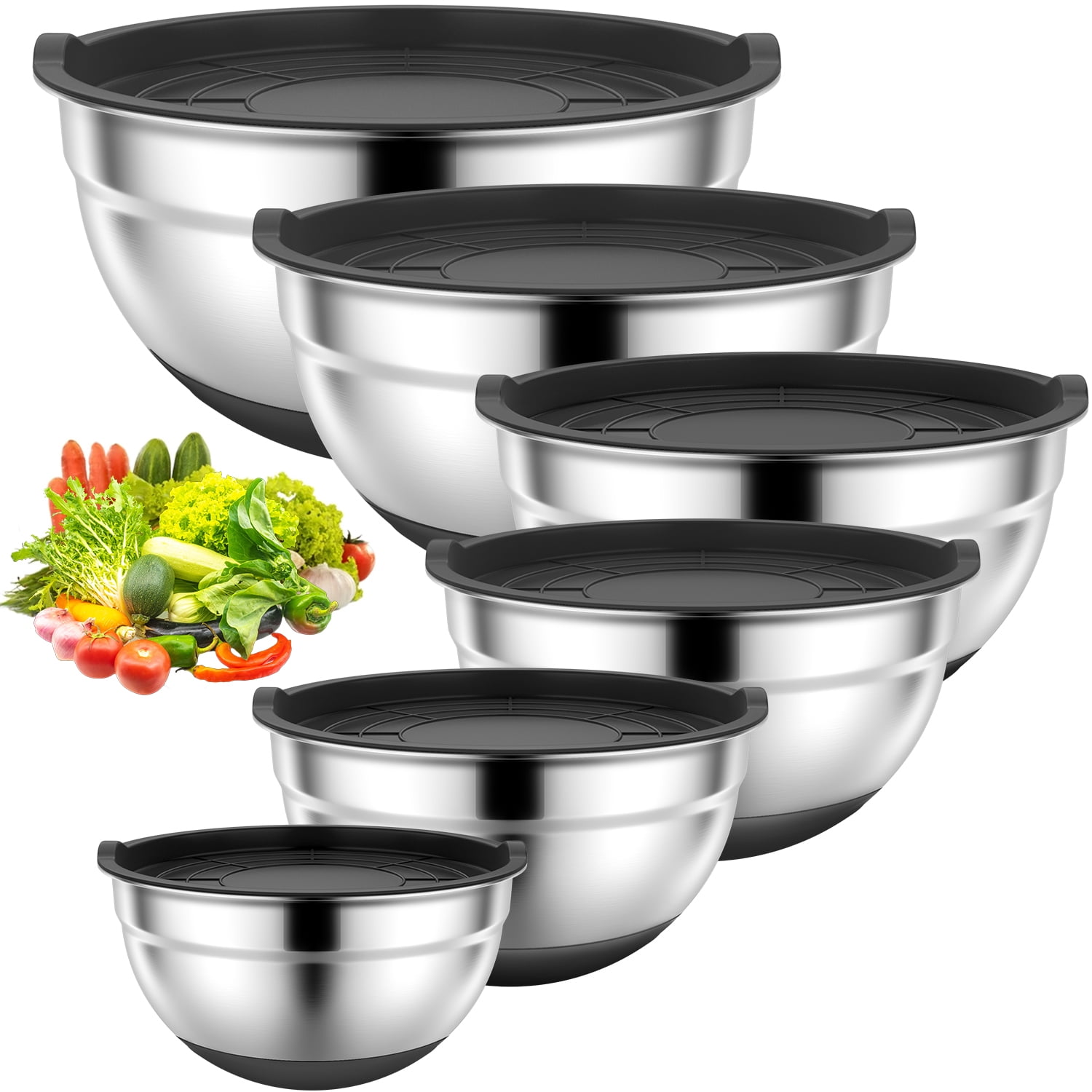 TINANA Mixing Bowls with Lids: Stainless Steel Mixing Bowls Set - 6 Piece Metal Nesting Mixing Bowls with Rubber Bottom-Black - Walmart.com