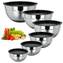 TINANA Mixing Bowls with Lids: Stainless Steel Mixing Bowls Set - 6 Piece Metal Nesting Mixing Bowls with Rubber Bottom-Black
