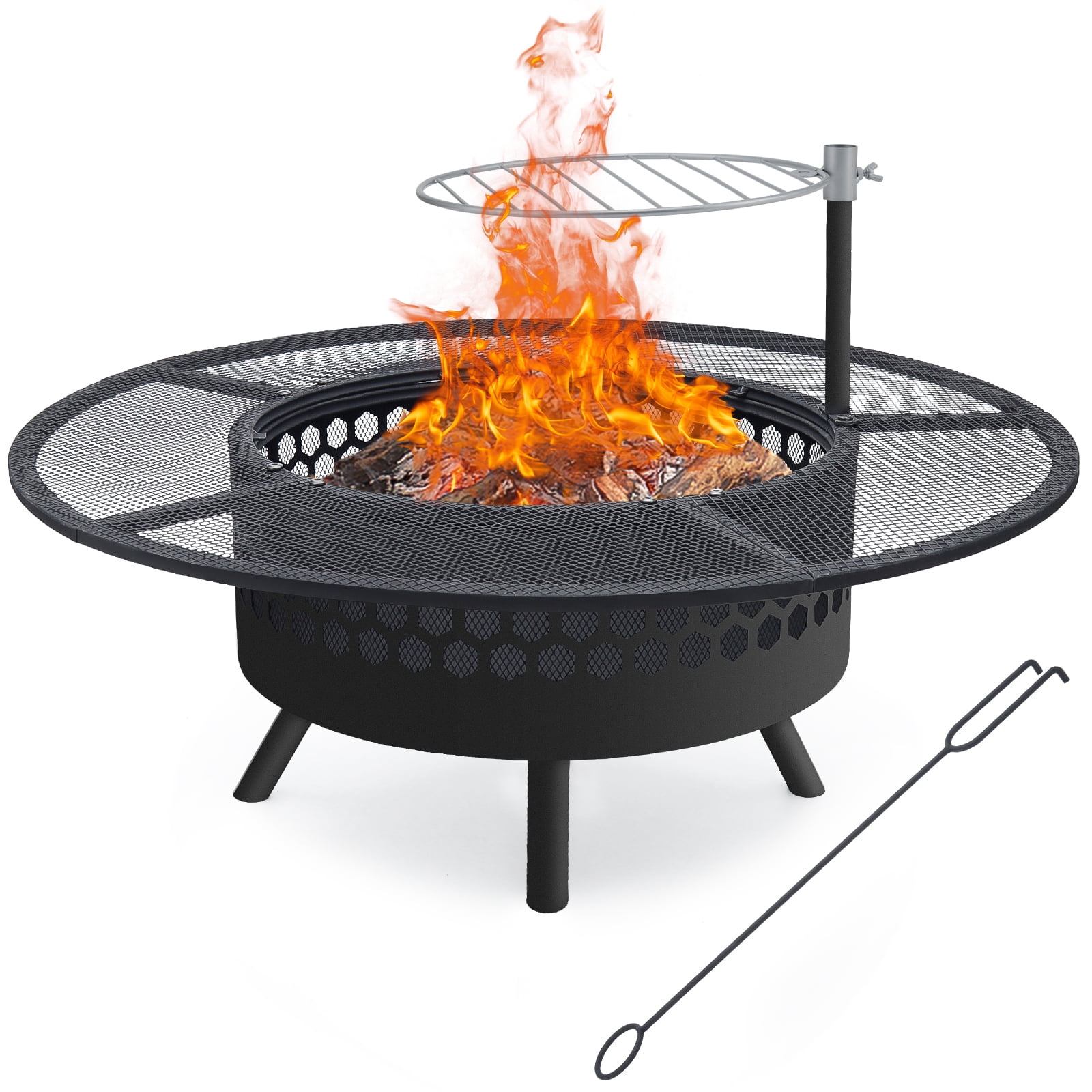 TINANA Outdoor Wood Fire Pits: Backyard Fire Pit, Wood Burning Fire Pit for Camping, Backyard, Bonfire, Picnic, Cast Iron Fire Pit with Fire Resistant Coating, Cooking Grill, Lid, Poker, Black
