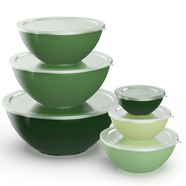 TINANA Plastic Mixing Bowls with Lids Set - 12 Piece Colorful Mixing Bowl Set for Kitchen - Nesting Bowls with Lids Set, 6 Prep Bowls and 6 Lids - Microwave and Freezer Safe (Green Ombre)