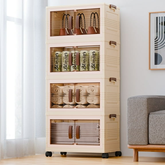 TINANA Plastic Storage Bins with Lids, 4 Tier 124QT Stackable Storage Containers with Wheels, Folding Closet Organizers for Living Room, Office, Dorm