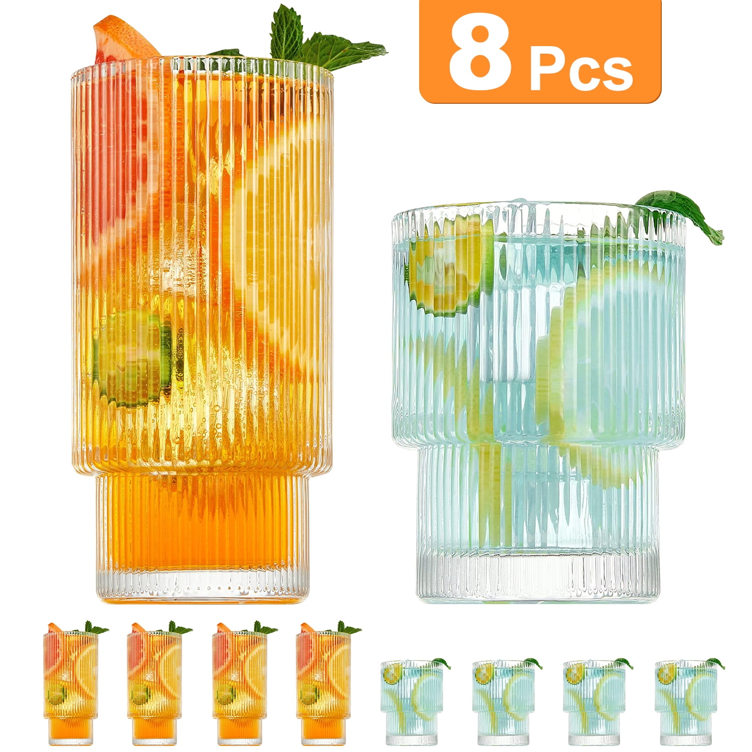TINANA Ribbed Glassware Set of 8,Glass Cups 12 oz and 7 oz,Fluted Glassware,Ribbed Drinking Glasses,Stackable Glasses,Ripple Glassware