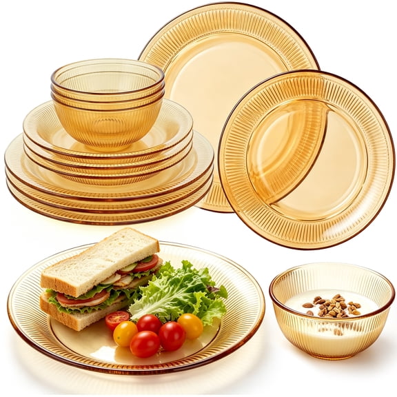 TINANA 12 Piece Amber Glass Dinnerware Set, Stackable Plates and Bowls Set, Service for 4, Microwave & Dishwasher Safe