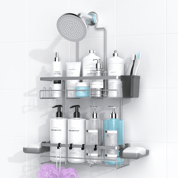 TINANA Shower Caddy over Shower Head: Stainless Steel Bathroom Organizer for Shampoo with Soap Holder, Hooks, Toothbrush Holder- Silver
