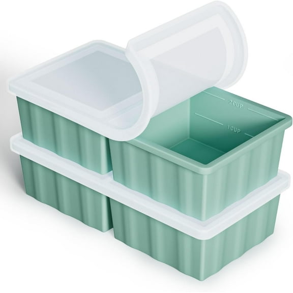 TINANA Silicone Freezer Tray with Lid 2 Pack, 2 Cup Freezing Food Molds, Make Perfect Soups, Extra Large Ice Cubes for Meal Prep, Sauces, Soups, Stews, Broths, Oven and Dishwasher Safe-Green