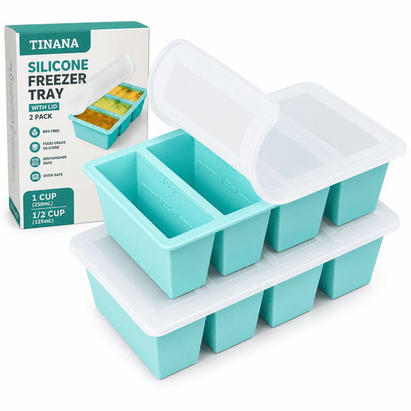 TINANA Silicone Freezer Tray with Lid 2 Pack, 1 Cup Freezing Food Molds, Make Perfect Soups, Extra Large Ice Cubes for Meal Prep, Sauces, Soups, Stews, Broths, Oven and Dishwasher Safe-Aqua