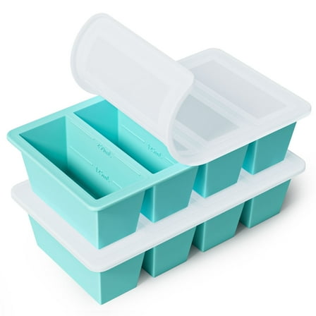 TINANA Silicone Freezer Tray with Lid 2 Pack, 1 Cup Freezing Food Molds, Make Perfect Soups, Extra Large Ice Cubes for Meal Prep, Sauces, Soups, Stews, Broths, Oven and Dishwasher Safe-Aqua