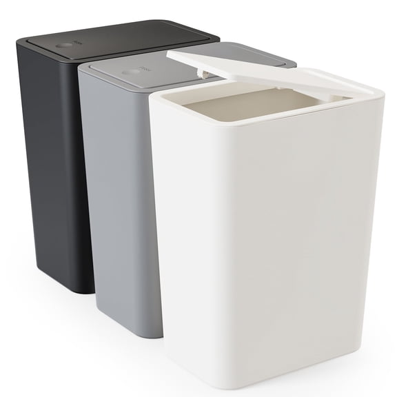 TINANA Small Trash Can with Lid, 3 Pack 10L Plastic Trash Bin, 2.6 Gallon Slim Garbage Bin Wastebasket with Pop-Up Lid for Bathroom, Bedroom, Office, Kitchen, Craft Room-White Black Gray