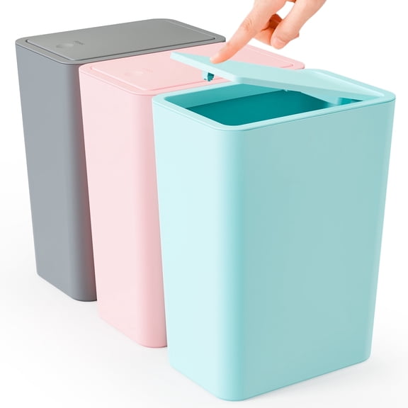TINANA Small Trash Can with Lid, 3 Pack 10L Plastic Trash Bin, 2.6 Gallon Slim Garbage Cans Wastebasket with Pop-Up Lid for Bathroom, Bedroom, Office, Kitchen, Craft Room-Pink Blue Gray