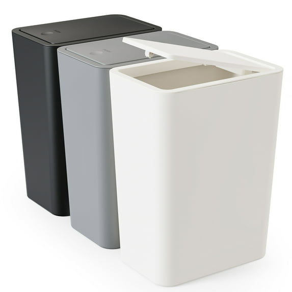 TINANA Small Trash Can with Lid, 3 Pack 10L Plastic Trash Bin, 2.6 Gallon Slim Garbage Bin Wastebasket with Pop-Up Lid for Bathroom, Bedroom, Office, Kitchen, Craft Room-White Black Gray