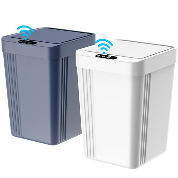 TINANA Smart Sensor Trash Can 2 Pack, 3.4 Gallon Plastic Garbage Bin 13L Waterproof Touchless Wastebasket for Bedroom, Office, Living Room, Blue & White