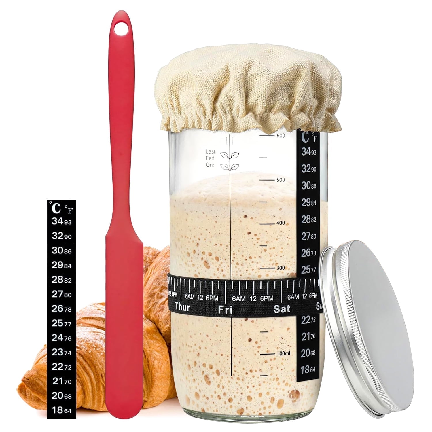 TINANA Sourdough Starter Jar Kit, 650ml Sourdough Starter Jar With Thermometer, Silicone Scraper, Cloth Cover And Aluminum Lid. Reusable Sour Dough Starter Jar