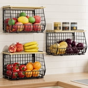 TINANA Stackable Fruit Baskets with Lid, 3 Pack Hanging Wire Fruit Basket for Kitchen Counter, Pantry Organizer for Fruits, Potatoes, Onions, Black