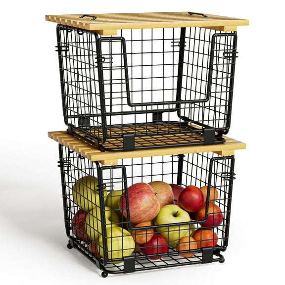 TINANA Stackable Fruit Baskets with Bamboo Top: 2 Pack Pantry Organizer for Kitchen Counter, Storage Wire Organizing Basket for Fruit, Vegetable, Bread- Black
