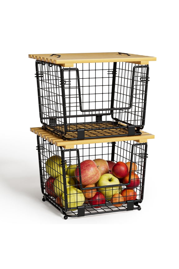 Stackable Fruit Baskets with Bamboo Top: 2 Pack Pantry Organizer for Kitchen Counter, Storage Wire Organizing Basket for Fruit, Vegetable, Bread- Black