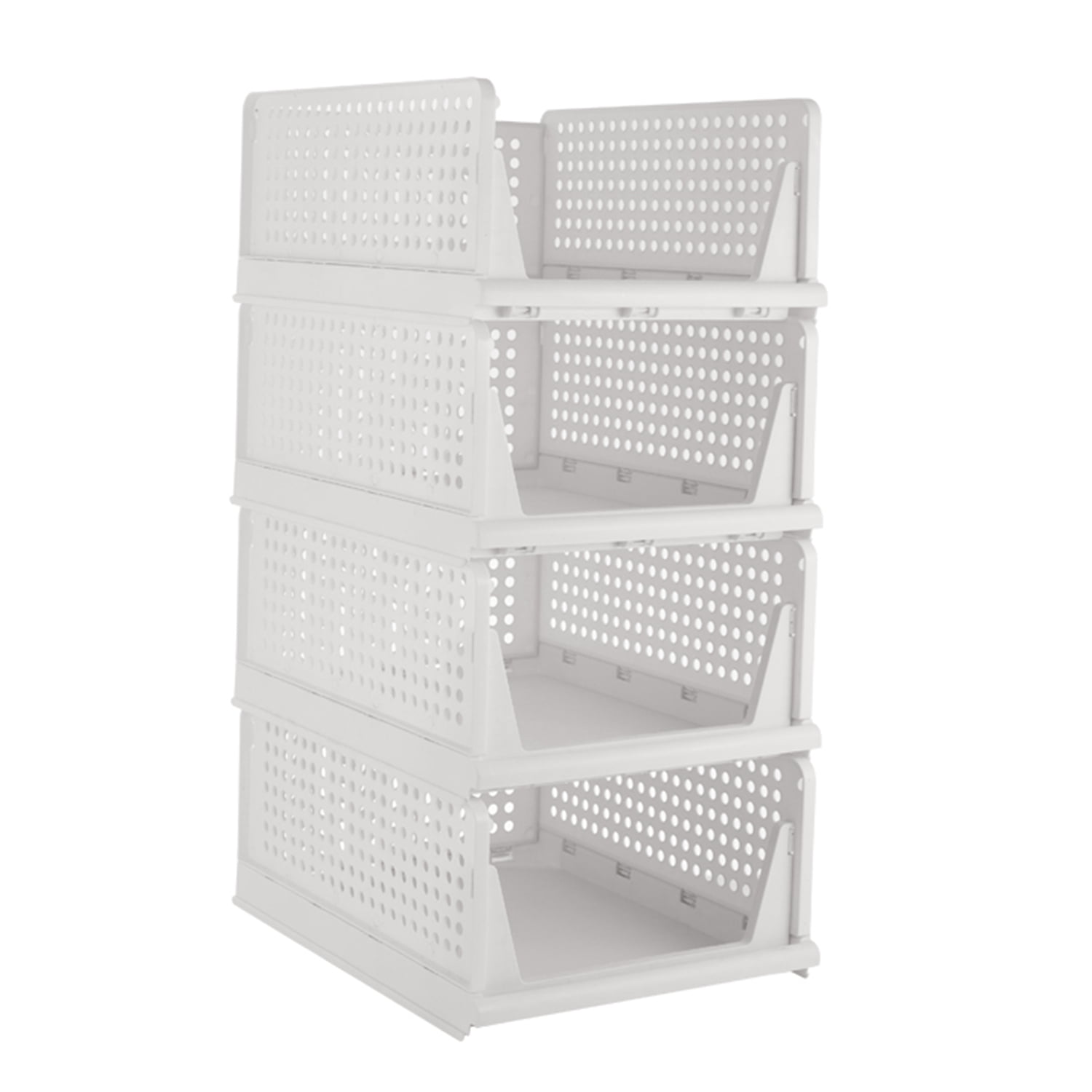 TINANA Stackable Plastic Storage Basket 4 Pack, Drawer Shelf Storage Container, Foldable Closet Organizers and Storage Bins for Wardrobe Cupboard Kitchen Bathroom Office-White