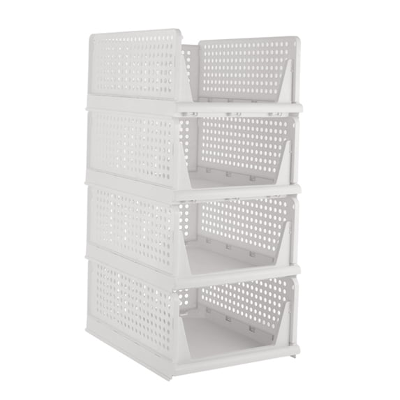 TINANA Stackable Plastic Storage Basket 4 Pack, Drawer Shelf Container, Foldable Closet Organizers for Wardrobe Cupboard Kitchen Bathroom Office-White