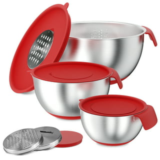 Rorence Stainless Steel Non-Slip Mixing Bowls with Pour Spout, Handle and Lid, Nesting Set of 3, Red