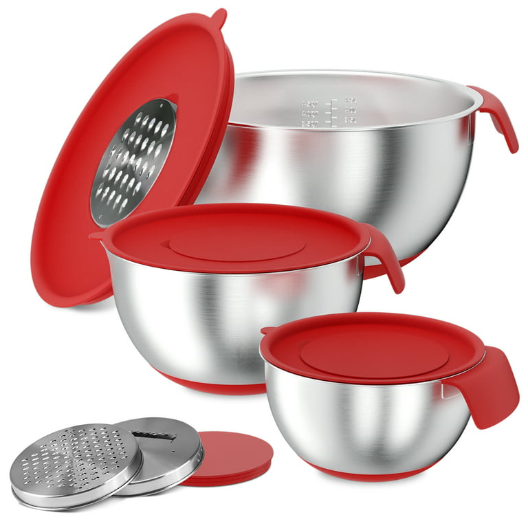 TINANA Stainless Steel Mixing Bowls with Airtight Lids: Set of 3 Nesting  Bowls with Graters, Handles, Pour Spouts and Measurement Marks-Red 