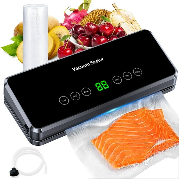 TINANA Vacuum Sealer Machine: Built-In Cutter and Bag Storage with 1 Bag Roll, External Vacuum Hose, 90kPa Powerful Suction, 5-in-1 Modes and UV Sterilization, Black