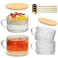 thumbnail interactive-video image 1 of TINANA Vintage Coffee Mugs: 4 pack Clear Embossed Glass Cups, 14oz Overnight Oats Containers with Bamboo Lids and Spoons, Cute Coffee Bar Accessories, Iced Coffee Glasses, 1 of 7