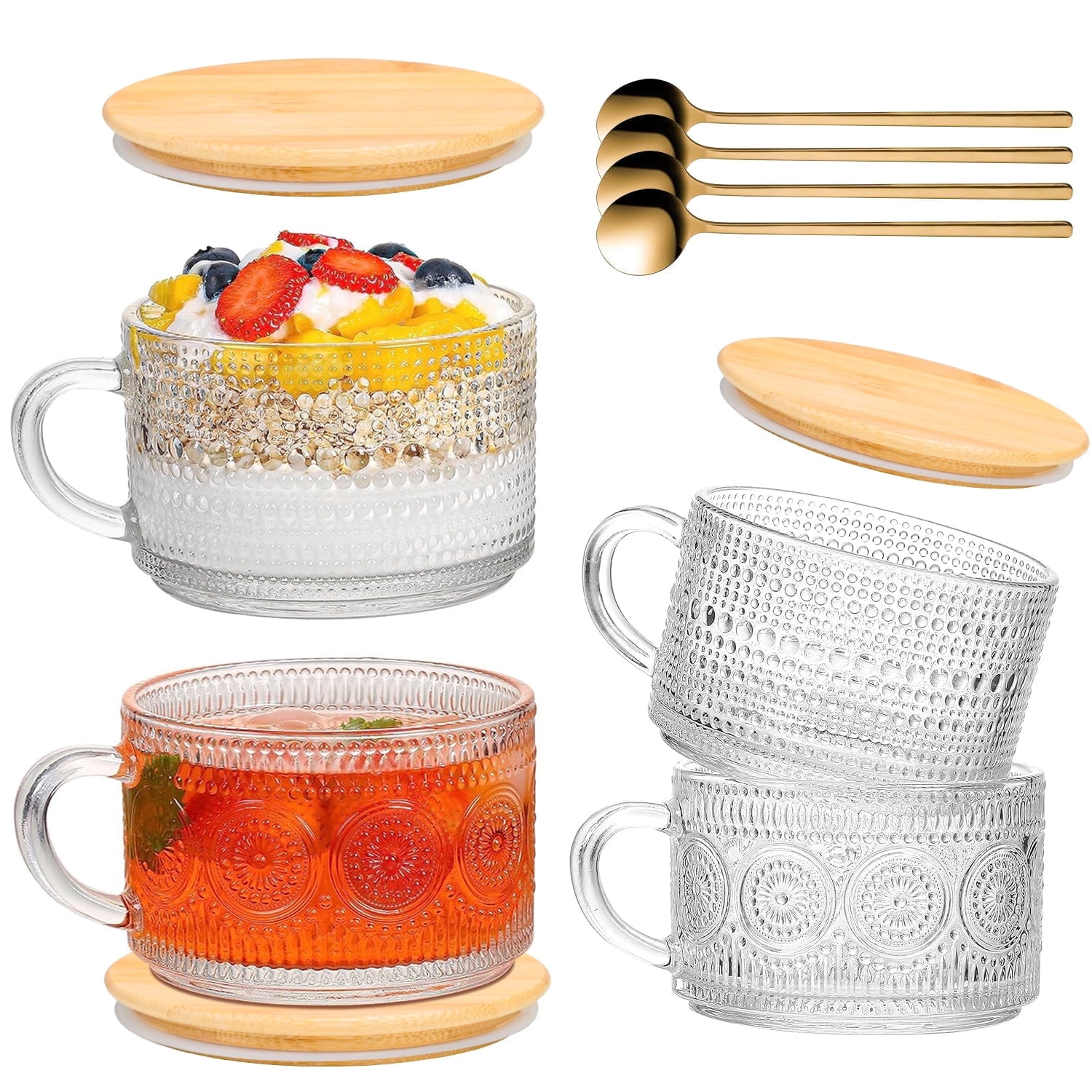 TINANA Vintage Coffee Mugs: 4 pack Clear Embossed Glass Cups, 14oz Overnight Oats Containers with Bamboo Lids and Spoons, Cute Coffee Bar Accessories, Iced Coffee Glasses