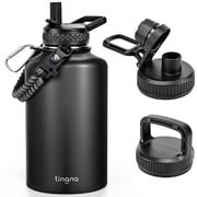 TINANA 64 oz Half Gallon Insulated Water Bottle with 3 Lids, Stainless Steel Wide Mouth Jug with Paracord Handle, Black