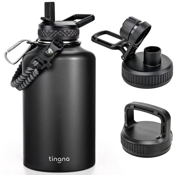 TINANA 64 oz Half Gallon Insulated Water Bottle with 3 Lids, Stainless Steel Wide Mouth Jug with Paracord Handle, Black