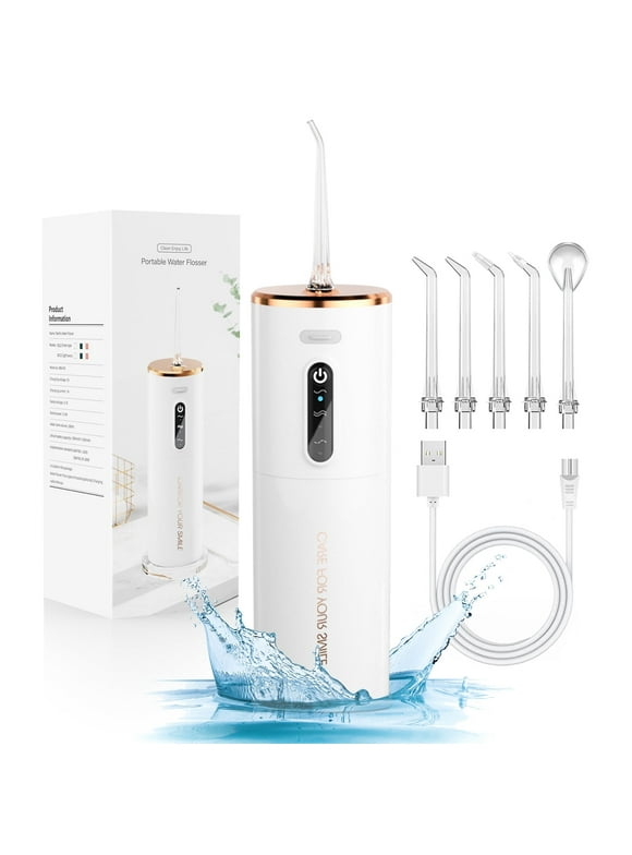 TINANA Water Dental Flosser: Portable Cordless Electric Water Flosser with 5 Jet Tips, 3 Modes Rechargeable Oral Irrigator with 280ml Water Tank, IPX7 Waterproof for Teeth Cleaning-All White
